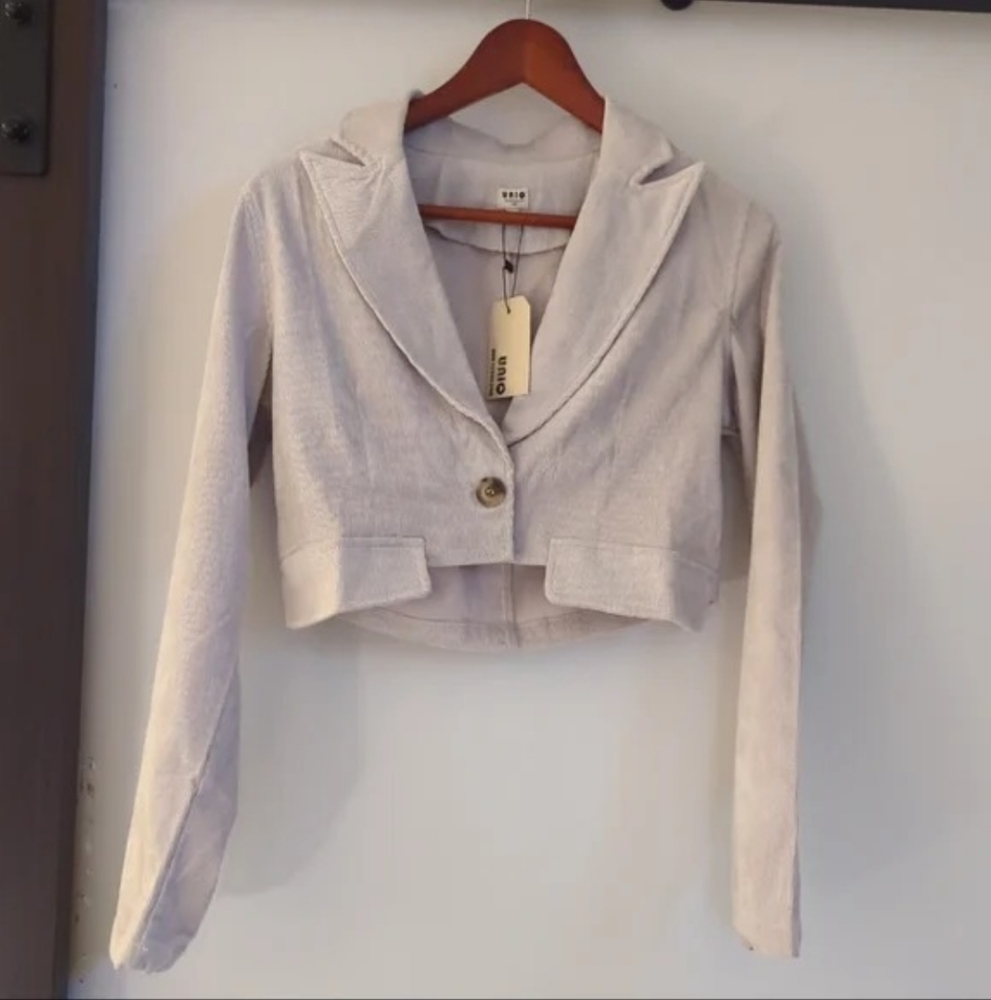 UNIQ | Light Grey Corduroy Cropped Long Sleeve Jacket Size Small